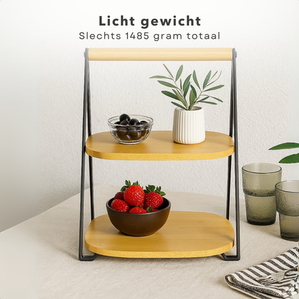 Cheqo® Bamboe Etagere - 2-Laags Etagere - Inklapbare Etagere - Serveertoren Bamboe - Bamboe En Metaal - 30 cm Hoogte - Eenvoudig Inklapbaar - Niet Vaatwasserbestendig - Bamboe Serveerplateau - 2 Lagen - Bamboe Hout - Stijlvolle Etagere
