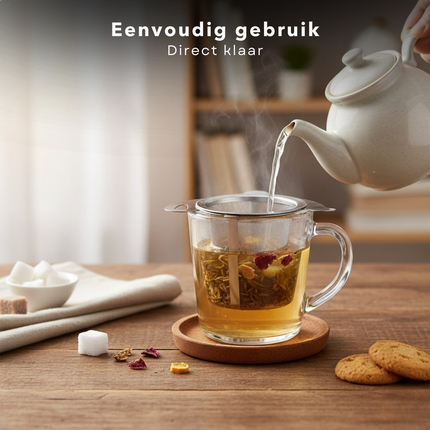Cheqo® Theezeef - Theezeef met Houder - Theezeef met Opvangbakje - Theezeef met Lekbakje - Theezeef met Standaard - Theezeef voor Losse Thee - Thee Filter - Theezeef voor Theepot