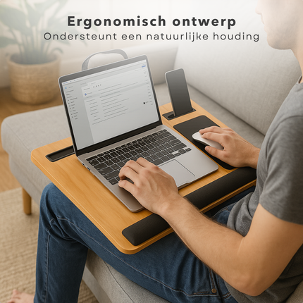 Cheqo® Laptopkussen - Schootkussen - Schoot Dienblad - Kniekussen - Laptoptafel - Laptray - Houten Schoottafel met Polssteun - Bedtafel - Schootdienblad - Inclusief Muispad