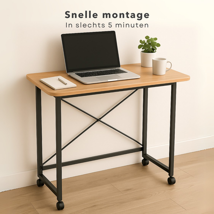 Cheqo® Inklapbare Wandtafel - Bijzettafel - Laptop Tafel - Haltafel - Bedtafel - Zwart Metaal - Met Wielen