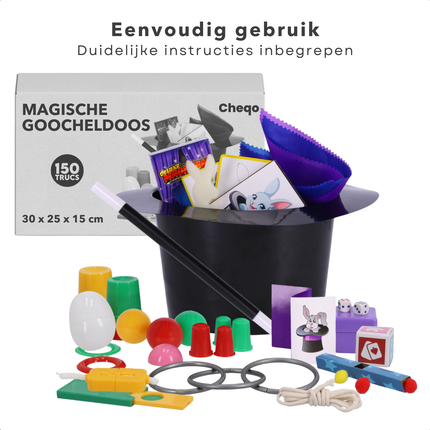 Cheqo® Magische Goocheldoos - 150 Trucs - Magic Tricks Set - Inclusief Goochelhoed en Goochelstok - Met Bekers, Ringen, Ballen, en Meer - Goochelset voor Kinderen -  Goochelen