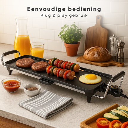 Cheqo® Teppanyaki Grillplaat - XL Bakplaat - 1800W Vermogen - Tafelgrill - Instelbare Thermostaat - Social Dining - Elektrisch Koken - Gemakkelijk Te Reinigen - Met Vet Lekbakje - Handvatten - Gourmet Grillplaat - Grote Grilloppervlak