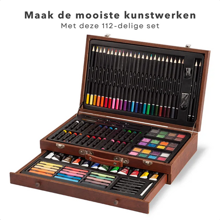 Cheqo® Teken- en Schilderset - 112-delig - Houten Koffer - 38x23,5x8,5cm - Kleurpotloden, Waterverf, Oliepastels, Softpastels, Acrylverf, Grafiet, Penselen, Gum, Puntenslijper - Voor Volwassenen en Kinderen - Tekenset - Tekenkoffer - Schilderkist Schildersets