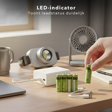 Cheqo® Oplaadbare Batterijen AA – USB-Oplaadbaar – 1200mAh Capaciteit – Lithium-Ion Technologie – USB-C Connector – Snel Opladen – In 1.5 Uur Volledig Opgeladen – Set van 4 – Tot 1000x Oplaadbaar – Met LED-Indicator – AA-Formaat