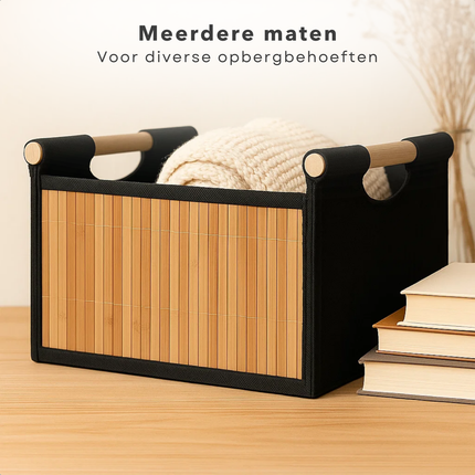 Cheqo® Bamboe Opbergmanden - Set Van 3 - Multifunctionele Manden - Badkamermanden - Stapelbare Manden - Houten Handvatten - Naturel En Zwart - Opbergdoos - Kastmanden - Bamboe Materiaal - Verschillende Formaten - Opbergoplossing