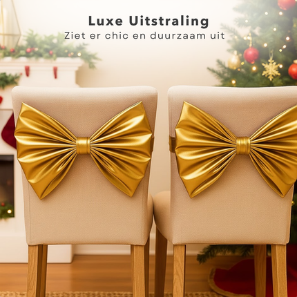 Cheqo® Kerst Stoelstrik - Stoelstrik Goud - Set Van 2 - Stoeldecoratie Kerst - Gouden Strik - Kerstdecoratie Stoel - Feestelijke Stoelstrik - Kerstversiering Stoel - Decoratieve Strik - Stoelstrik Set - Kerst Strik
