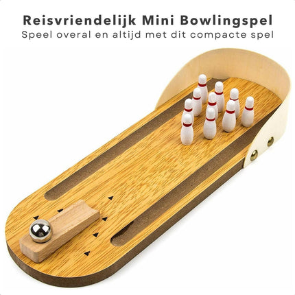 Cheqo® Mini Bowling Set - Reisspel - Hout - 10 Kegels - Voor het hele Gezin - 29.7 x 10 x 4.5 cm - Compact en Draagbaar - Kinderspeelgoed - Cadeau voor Kinderen - Kegelspel - Bowlen Kegelen