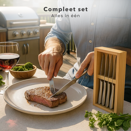 Cheqo® Steakmessen Set - Roestvrij Staal - Vaatwasserbestendig - Houten Bewaardoos - Scherpe Messen - Licht Gekarteld - 4-Delige Set - Cadeau Voor Vleesliefhebber - Keukenmessen - Steakmes 22,5 cm - RVS Steakmessen - Hersluitbare Doos