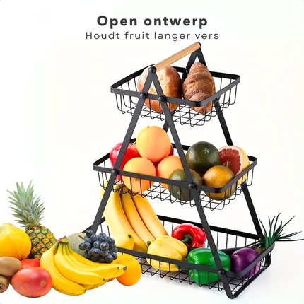 Cheqo® Fruitrek - Fruitmand - Fruitschaal - Keukenorganizer - Aanrecht Organizer - Keuken Bureau Organizers – Aardappelbak - Drie Lagen - Keukenopslag - 47 cm - Metaal en Hout