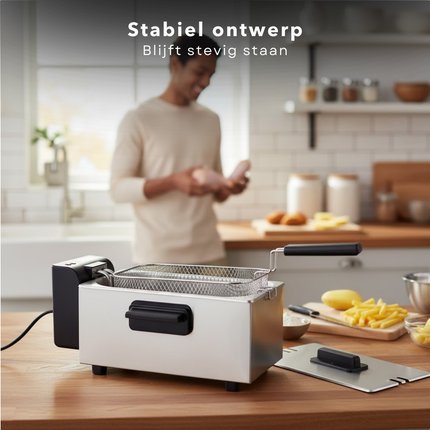 Cheqo® Friteuse - Regelbare Thermostaat - Indicatielampje - Uitneembare Tank - Verwarmingselement - PFAS-vrij - Eenvoudig Te Reinigen - RVS/Zwart - Functionele Friteuse - Frituurpan - Frituur Pan - Frietpan - Frituren