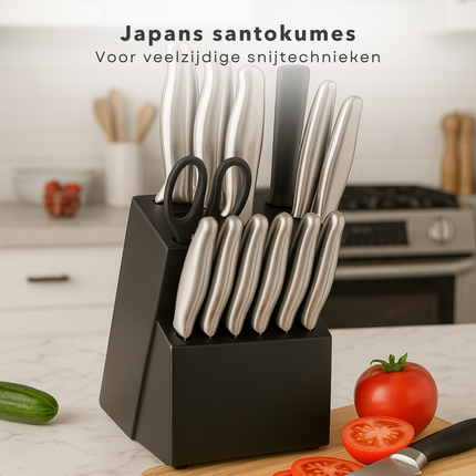Cheqo® 15-delige Messenset met Messenblok Zwart – RVS Koksmes Broodmes Snijmes Santokumes – Steakmessen – Schilmes – Universeel Mes – Aanzetstaal – Keukenschaar – Anti-kleeflaag – Japanse Chefkok Messen – Strak Design