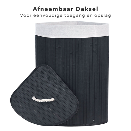 Cheqo® Bamboe Wasmand met Waszak - Hoekmodel - Wassorteerder Opvouwbaar 72L - Zwart - Met Deksel en Binnenzak