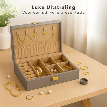 Cheqo® Sieradendoos Kunstleer - Bijouteriedoos - Sieradenkoffer - Juwelendoos - Sieraden Organizer - Grijs - Sieraden Doos - Sieradendoosje Met Kettinghaakjes en Ringklemmen