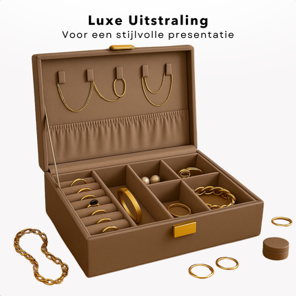 Cheqo® Sieradendoos Kunstleer - Bijouteriedoos - Sieradenkoffer - Juwelendoos - Sieraden Organizer - Taupe - Sieraden Doos - Sieradendoosje Met Kettinghaakjes en Ringklemmen