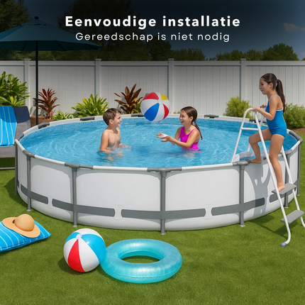 Cheqo® Opzetzwembad Rond – Familie Zwembad met Frame – Bovengronds Zwembad met Filterpomp – 10220L – Duurzaam PVC – Roestbestendig – Waterpret in de Tuin – Eenvoudig Zonder Gereedschap – Zomerse Verkoeling