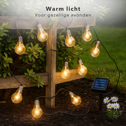 Cheqo® Solar Feestverlichting - 10 Lampen - Warm Wit Licht - Vervangbare Batterij - Tuinverlichting Op Zonne-Energie - Lichtslinger Buiten - Sfeerverlichting - Transparante Lampen - Energiezuinig - Tuin Decoratie