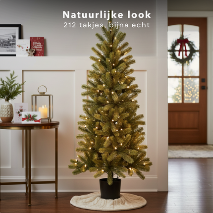 Cheqo® Kunstkerstboom Met LED-Verlichting - Kerstboom Met Timer - Nagoya Kunstkerstboom - Sfeervolle Kerstdecoratie - Compacte Kerstboom - Kerstboom Met Batterijen - Warm Wit LED-Licht - Dennenboom - Makkelijk Op Te Zetten
