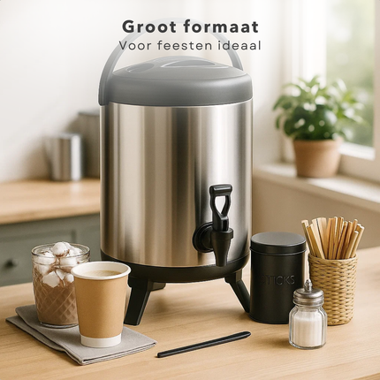 Cheqo® Thermos Drankdispenser - 10 Liter Inhoud - RVS Materiaal - Dubbelwandig Isolerend - Warme En Koude Dranken - Tapkraan - Opklapbare Pootjes - 40 cm Hoogte - 22 cm Diameter - Thermoskan - Drank Serveren