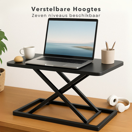 Cheqo® Verstelbare Bureauverhoger - Zit Sta Bureau Verhoger - Monitor Verhoger - Workstation - Stabureau - Ergonomische Werkplek - MDF & Metaal - Zwart