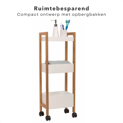 Cheqo® Bamboe Opbergtrolley - Trolley voor Keuken of Badkamer - Verrijdbaar Keukenrek met 3 Etages & Wielen - Badkamer Kast