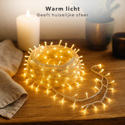 Cheqo® LED Verlichting - 240 LED Lampjes - Warm Wit - Lichtfuncties - Timer Functie - 18 Meter Lichtsnoer - Kerstboomverlichting Transparant Snoer - Binnen En Buiten - IP44 Adapter - Kerstverlichting - Lichtslinger - Sfeerverlichting - Kerstlampjes