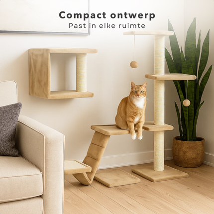 Cheqo® Katten Klimwand - Katten Muur - Krabpaal - Katten Speelwand - Katten Klimmen - Complete Set - Beige Kattenwand - Klimmogelijkheden Kat - Kattenmeubel Wand - Katten Speelset - Katten Klimset - Katten Klim Onderdelen