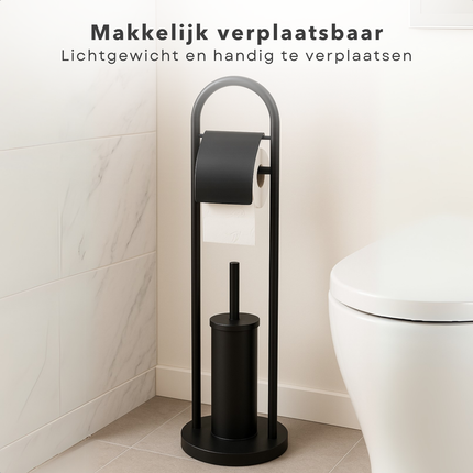Cheqo® Vrijstaande Toiletbutler - Vrijstaand Toilet Butler - Zwart RVS - Touletborstel met Houder - WC Rol Houder - Rolhouder - Moderne Toiletaccessoires - 80 cm Hoog - Stijlvol en Duurzaam