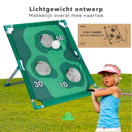 Cheqo® 2-in-1 Kinderspel Golf & Cornhole Set - Educatief Buitenspeelgoed - Werpspel - Inclusief Doelen en Clubs - Beanbag Game