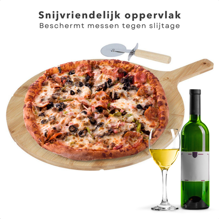 Cheqo® Bamboe Pizzaplank Met Snijder - Serveerplank - Pizza Plank  - Luxe Pizzabord - Serveerschaal - Tapasplank - Hapjes - Duurzaam en Stijlvol