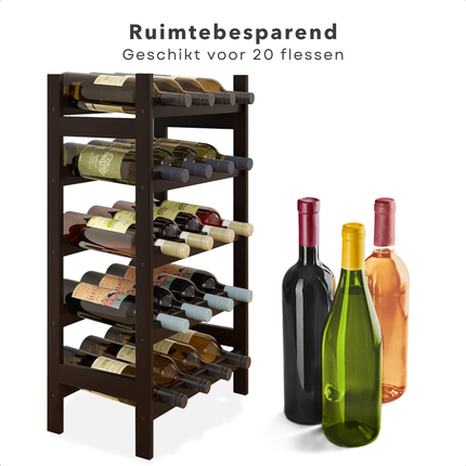 Cheqo® Wijnrek Bamboe - Flessenrek - Wijnflesrek - Wijnmeubel Voor 20 Flessen - Bruin Gelakt - Met Anti-Kras Rubbers