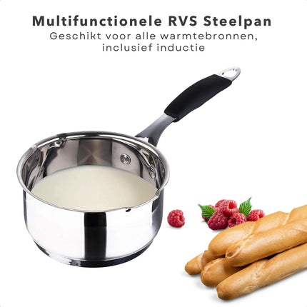 Cheqo® Luxe Sauspan - met Dubbele Schenktuit en Siliconen Handvat - Inductiegeschikt - Met Maataanduiding - Vaatwasserbestendig - Voor Alle Warmtebronnen - Gelijkmatige Warmteverdeling - Steelpan - Saus Pan - RVS - 1.3 L - 16 cm Diameter Steelpan