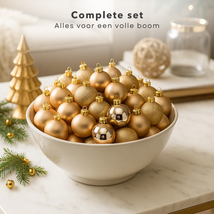 Cheqo® Kerstballen Set - Champagne Kleur - Ø7 cm - Glas Kerstballen - Kerstboom Decoratie - Matte En Glimmende - Glitter Kerstballen - Trendy En Modern - Warme Uitstraling - Verschillende Afmetingen - Kerstbal Set