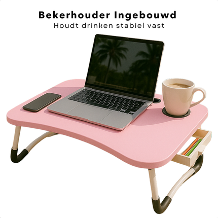 Cheqo® Opklapbare Laptoptafel - Ontbijt op Bed Tafel - Bedtafel met Tablethouder - Bank Tafeltje - Ontbijttafeltje - Banktafel - Roze