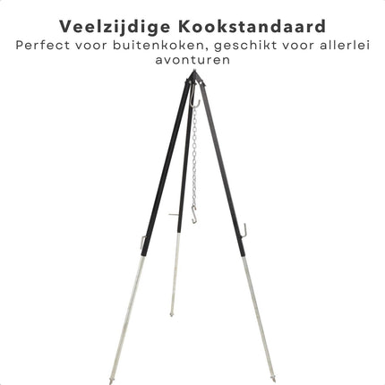 Cheqo® Driepoot Standaard - Stabiel Buiten Koken - 150cm - In Hoogte Verstelbaar - Camping - BBQ Statief - Tripod - Extra Sterk - Grondstekers - Metaal - Kookstatief Driepoot Barbecues