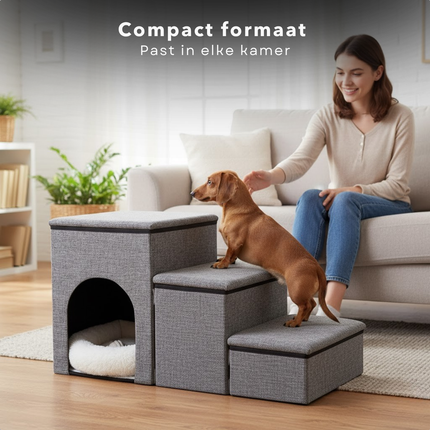 Cheqo® Opvouwbaar Hondentrap - Trapje Voor Huisdieren - Drie Compartimenten - Ingebouwde Mand - Opbergruimte Voor Speelgoed - Oxford Materiaal - MDF Constructie - 4200 Gram Gewicht - Huisdier Trap - Kleine Honden Trap