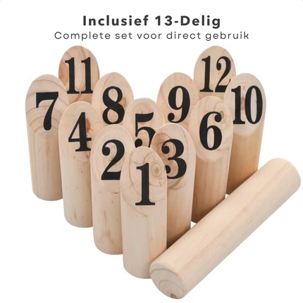 Cheqo® Houten Kubb Werpspel 13-Delig - Educatief Buitenspeelgoed - Houten Paaltjes voor Kinderen