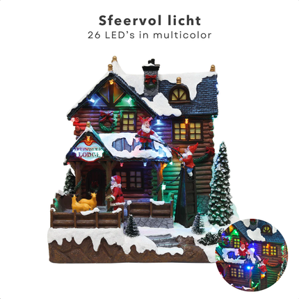 Cheqo® Kersthuisje Polyresin - Kersthuis - Kerstdecoratie Huisje - Kersttafereel - Kerstdorp Huis - Verlicht en Muziek -Draaiende Rendieren