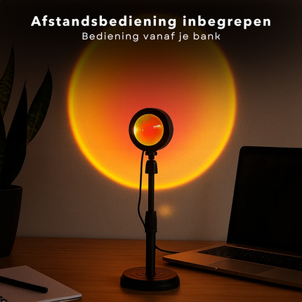 Cheqo® Sunset Lamp - 16 Kleuren - LED Projectorlamp - Afstandsbediening - Sfeerverlichting - RGB Lamp - Dimbare LED - USB-A Aansluiting - Verstelbare Hoogte - Tafellamp - Nachtlamp - Decoratief Sfeerlicht - Zonsondergang Projectie