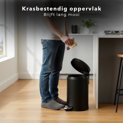 Cheqo® Pedaalemmer 3 Liter - Mat Zwarte Prullenbak - Anti-Slip Bodem - Uitneembare Binnenemmer - Metalen Pedaalemmer - Kunststof Elementen - Badkamer Prullenbak - Toilet Afvalemmer - Compacte Pedaalemmer - Hygiënische Afvaloplossing