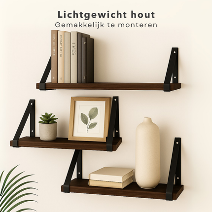 Cheqo® Zwevende Wandplank Set - Industrieel Zwevend Wandplank - Wandrek - Boekenplank - Boekenrek - Vintage Hout - Metalen Beugels - Muurdecoratie