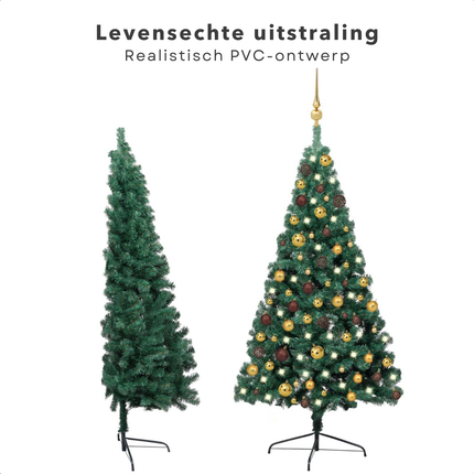 Cheqo® Kerstboom - Kunstkerstboom 150 cm - Halve Boom met LED Verlichting - Inclusief Kerstballen - PVC Groen