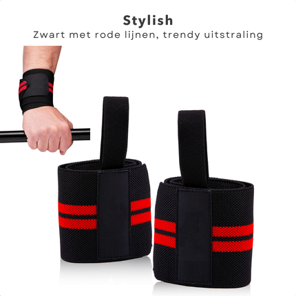 Cheqo® Polsbeschermers voor Krachttraining - Set van 2 CrossFit Polsband Polsbandage - Polsbrace - Verstelbare Wrist Wraps - Zwart met Rood