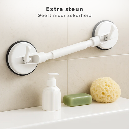 Cheqo® Douche Handgreep Met Zuignap - Veiligheidsgreep Badkamer - Handgreep Voor Ouderen - Zonder Boren - Uitschuifbare Handgreep - Gladde Oppervlakken - Verplaatsbare Handgreep - Sterke Zuignappen - Handgreep Toilet - Handgreep Met Klemmen