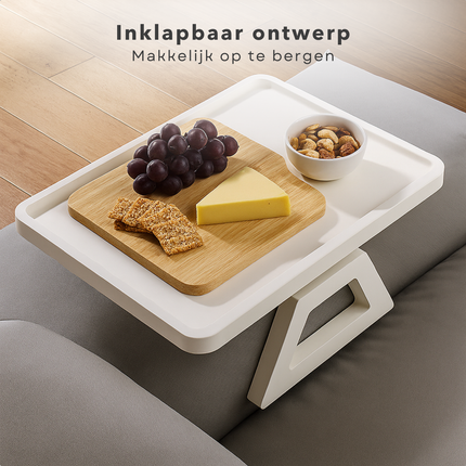 Cheqo® Armleuning Dienblad - Bamboe Materiaal - Wit Dienblad - Inklapbaar Dienblad - Antislip Functie - Banktafel Dienblad - Wit Bamboe - Dienblad Voor Bank - Dienblad Accessoire