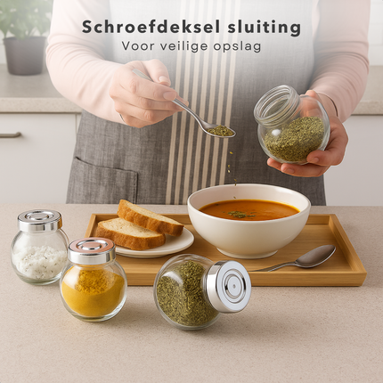 Cheqo® Glazen Voorraadpotten - Voorraadpotten Met Deksel - Kruidenpotjes Glas - Opbergpotten Keuken - Glazen Pot Met Schroefdeksel - Glazen Pot Voor Kruiden - Glazen Pot Voor Thee - Ronde Glazen Pot - Set Van 4 Potten - 200 ml Glazen Pot