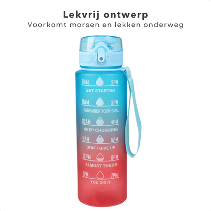 Cheqo® Motiverende Waterfles - Waterfles met Tijdmarkeringen - Motivatie Drinkfles - Waterfles met Rietje - 1 Liter