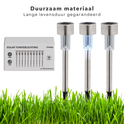 Cheqo® Solar Tuinverlichting Set - Solar Tuinspot - Buitenlamp - Tuinfakkels - Prikspots - Padverlichting - RVS - 36,5 cm - Buitenverlichting op Zonne-energie - 10 Stuks