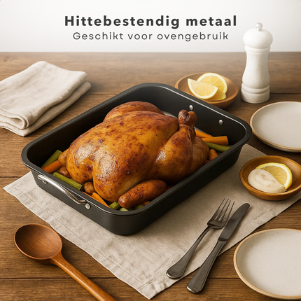 Cheqo® Metalen Ovenschaal - Anti-Aanbaklaag - Rechthoekige Schaal - Braadschaal Met Handvatten - Lasagnepan - Groenteschotel Ovenschaal - Kip Bakken Ovenschaal - Niet Vaatwasmachinebestendig - Handwas Aanbevolen