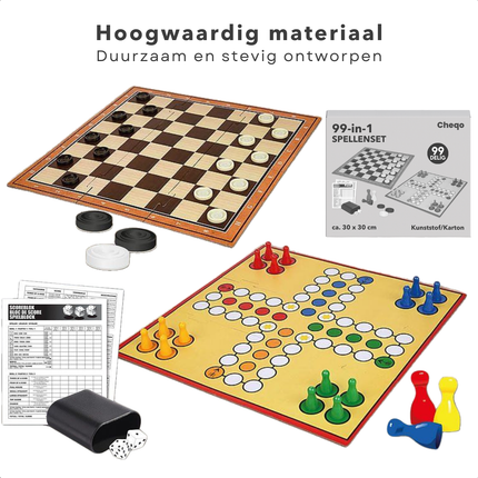 Cheqo® Bordspel Set - 99 Spellen in 1 - Gezelschapsspellen - Inclusief Dobbelstenen en Pionnen