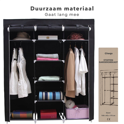 Cheqo® XXL Kledingkast - Opvouwbare Garderobekast - Campingkast - Slaapkamer Kast - Kleerkast - Zwart - Metalen Frame